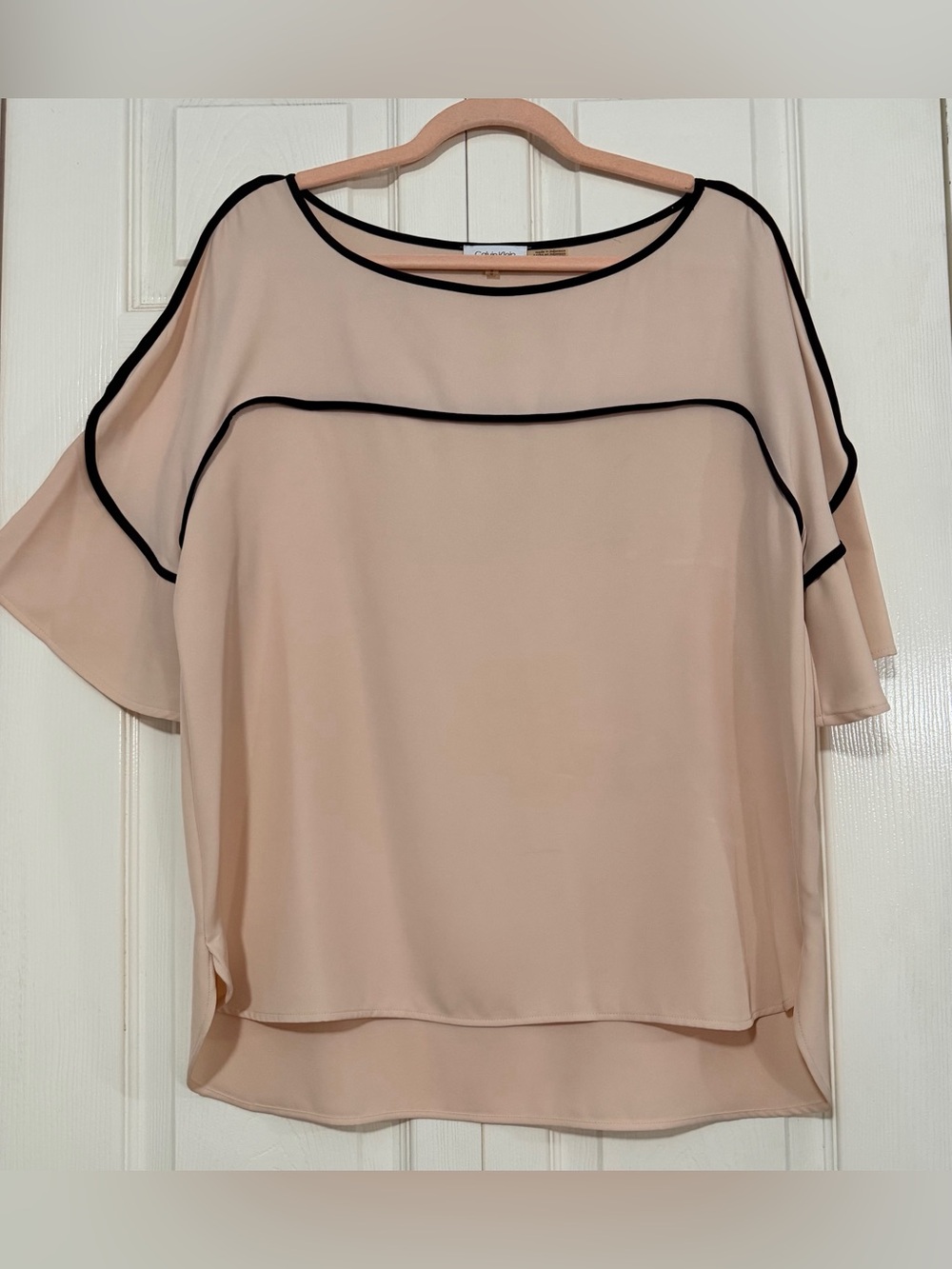 Calvin Klein, Light Pink Shirt with Black Trim, Hi-low hemline